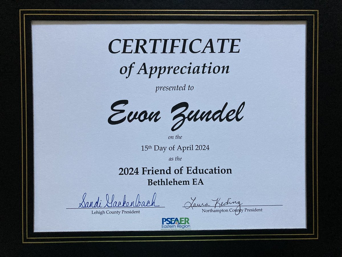 Honored to have been named 2024 Friend of Education for Bethlehem Area School District - @psea @BethlehemEA