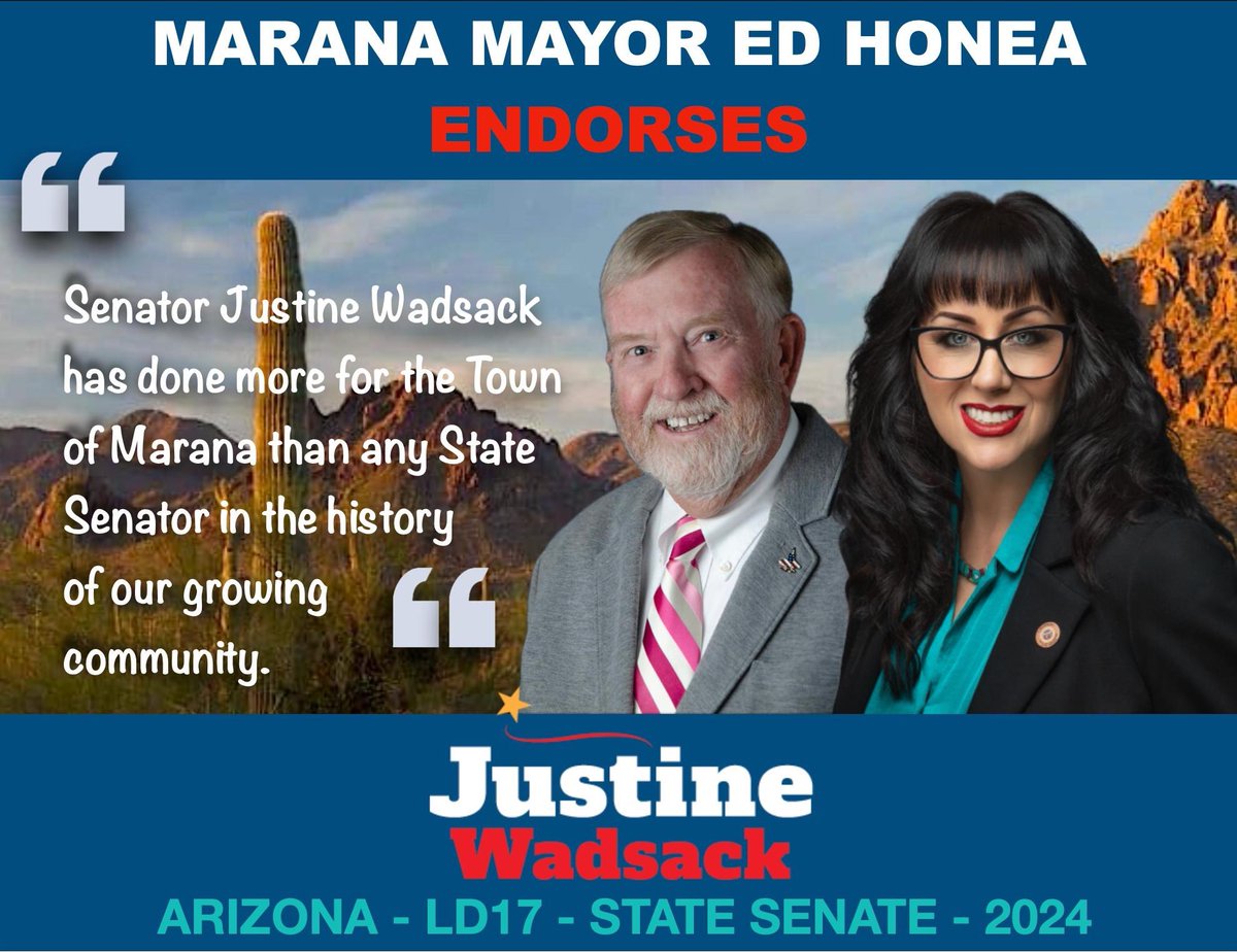 🚨ENDORSEMENT🚨 I am honored to receive the endorsement from Marana Mayor, Ed Honea, for my re-election to Arizona’s LD17 State Senate! #Wadsack4Arizona #Marana #LD17 #MaranaIsMyHome #AzStateSenate #ReElectSenatorWadsack