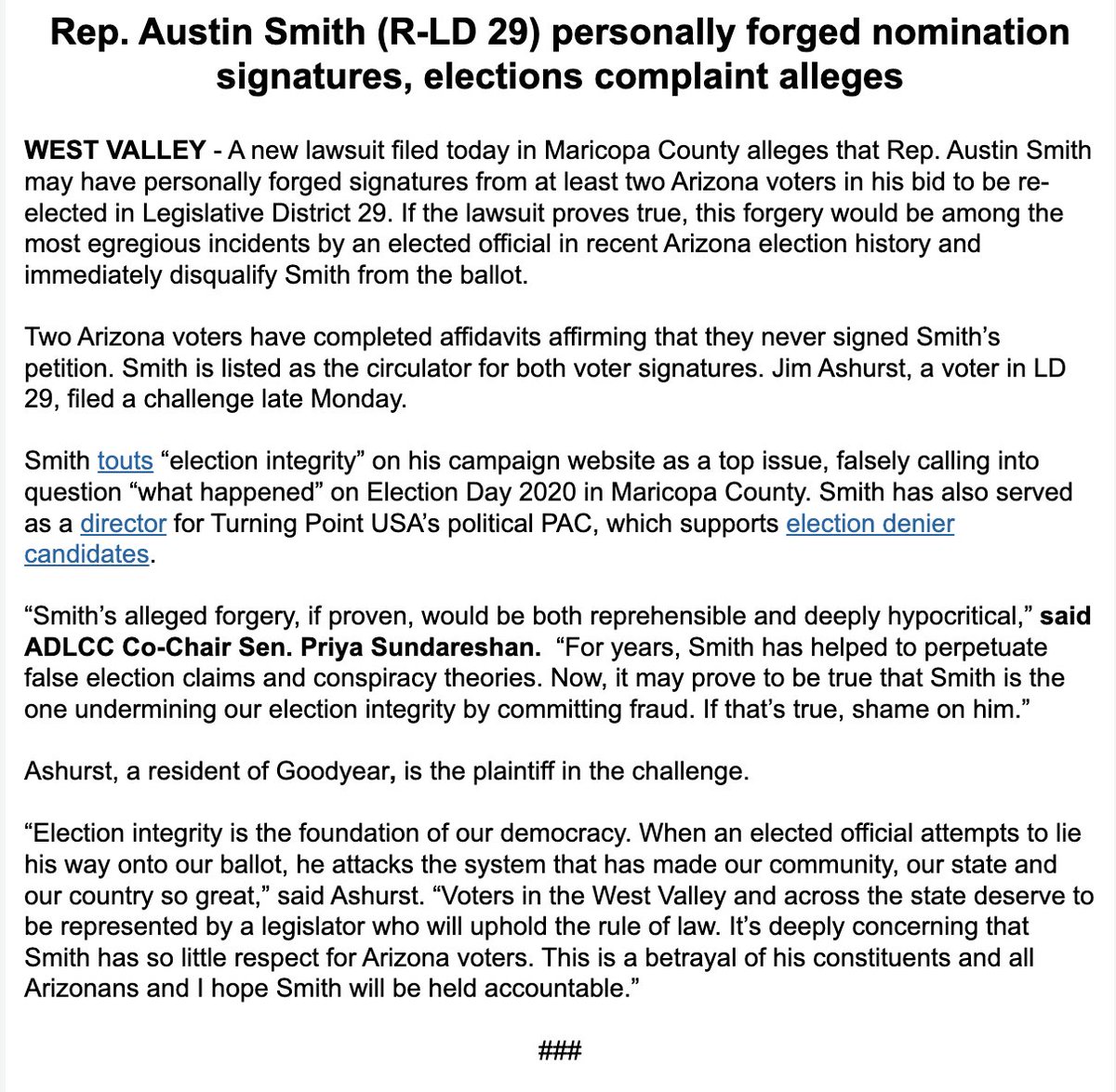 READ: An elections complaint alleged that Rep. Austin Smith (R-LD 29) personally forged nomination signatures. Read more ➡️ adlcc.com/blog/press-rel…