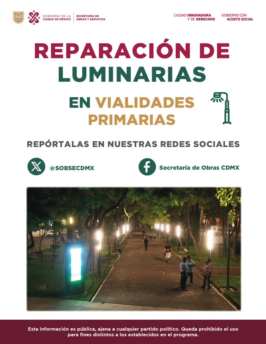 Si sobre una vialidad primaria encontraste una luminaria que necesita reparación 💡 puedes reportarla a través de nuestras redes sociales: X: @SOBSECDMX FB: Secretaría de Obras CDMX Recuerda proporcionar la ubicación exacta del reporte para facilitar su localización.📍