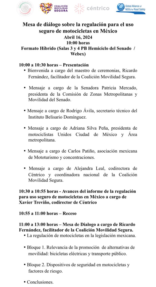 Este martes 16 de abril realizaremos una Mesa de diálogo sobre la regulación para el uso seguro de motocicletas en México, en coordinación con <a href="/IBDSenado/">Instituto Belisario Domínguez</a> <a href="/CoalicionMS/">Coalición Movilidad Segura</a> <a href="/centrico/">centrico</a> y <a href="/RoadSafetyNGOs/">Road Safety Alliance</a>.

Habrá transmisión por redes sociales del <a href="/senadomexicano/">Senado de México</a> y <a href="/CanalCongreso/">Canal del Congreso</a> 🏍️🛵
