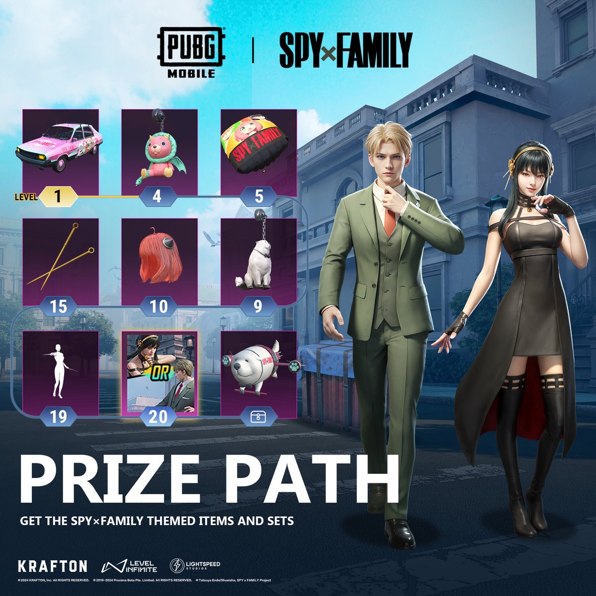 Jump into the SPYxFAMILY Prize Path event! Collect stylish themed items & sets. The exclusive rewards await to be unlocked once you've secured the entire collection. Start your thrilling adventure now! pubgmobile.live/SpyxFamily2024 #PUBGM_SPYxFAMILY #SPYxFAMILY #PUBGMOBILE