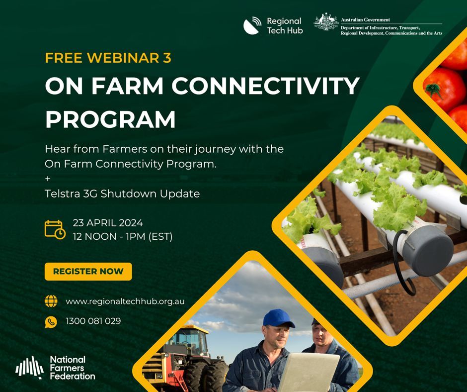 Join the National Farmers’ Federation for a free webinar on Tuesday, April 23 at 12 noon AEDT to hear how two primary producers have benefited from the $30 million Australian Government’s On Farm Connectivity Program grant. Register here for Webinar bit.ly/4cSwSoa