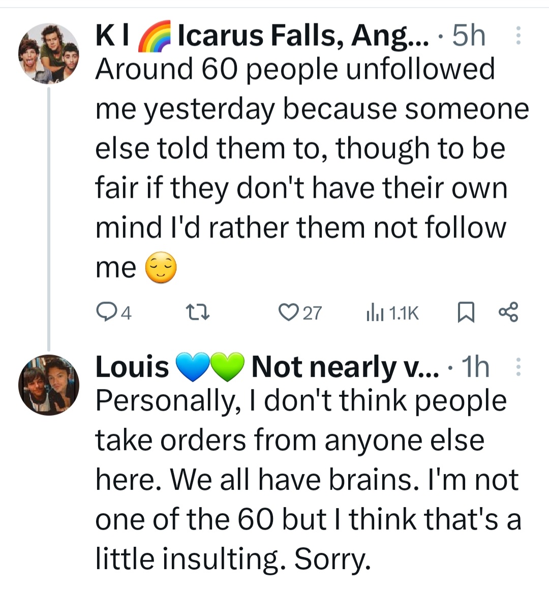 I do not believe that people here just do whatever someone tells them to do. I give people more credit than that but I was blocked (I wasn't following anyway) for standing up for whomever the 60 are. Youre welcome 😝