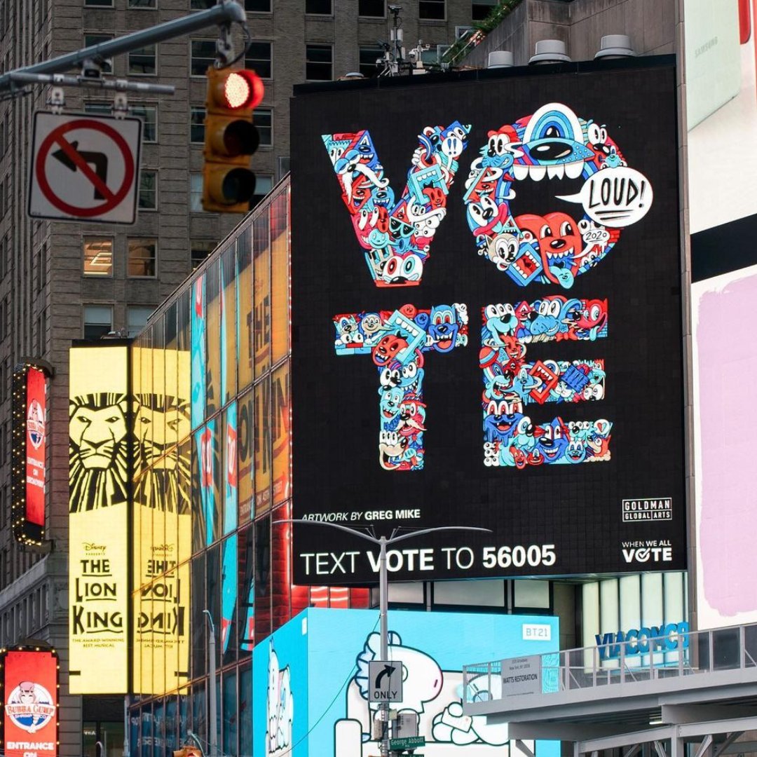 Art 🤝🏾Activism.

We’re celebrating #WorldArtDay with some billboards from our 2020 partnership with Goldman Global Arts. 

In partnership with 13 artists, we highlighted the importance of voting on billboards across the country. 🎨🖼️