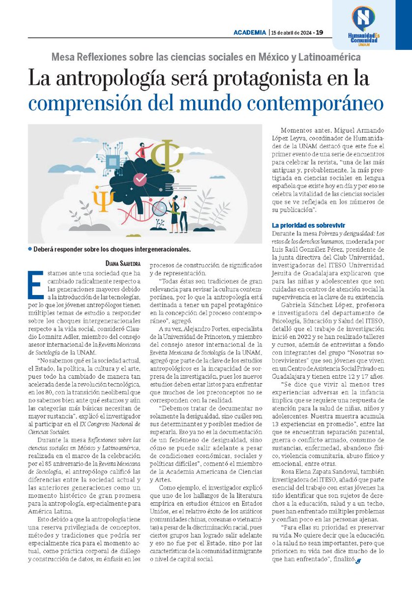 IISUNAM's tweet photo. ✍🏼 Hoy en @Gaceta_UNAM:

👉🏼 Ante una sociedad que ha cambiado, la antropología tiene oportunidad para responder sobre los choques entre generaciones. Así lo dijo @clomnitz en la mesa Reflexiones sobre las ciencias sociales en México y Latinoamérica,

🔗 https://t.co/xV9SIPmKaN https://t.co/V7yYNdjiQa