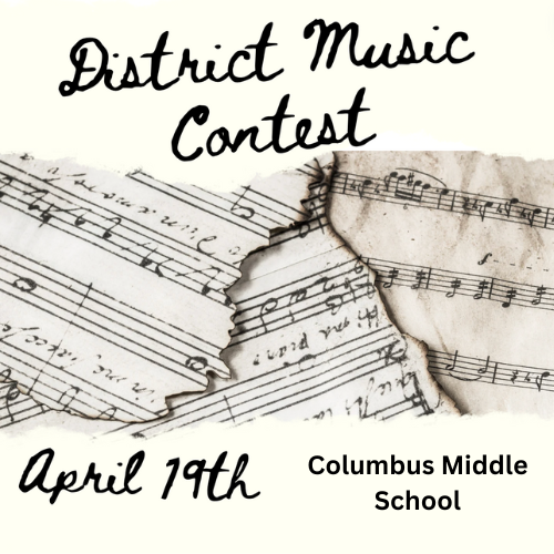 Corrected post: The District Music Contest is coming up soon. Come support the #HPCStorm performers at Columbus MIDDLE School on April 19th! Wish them luck!