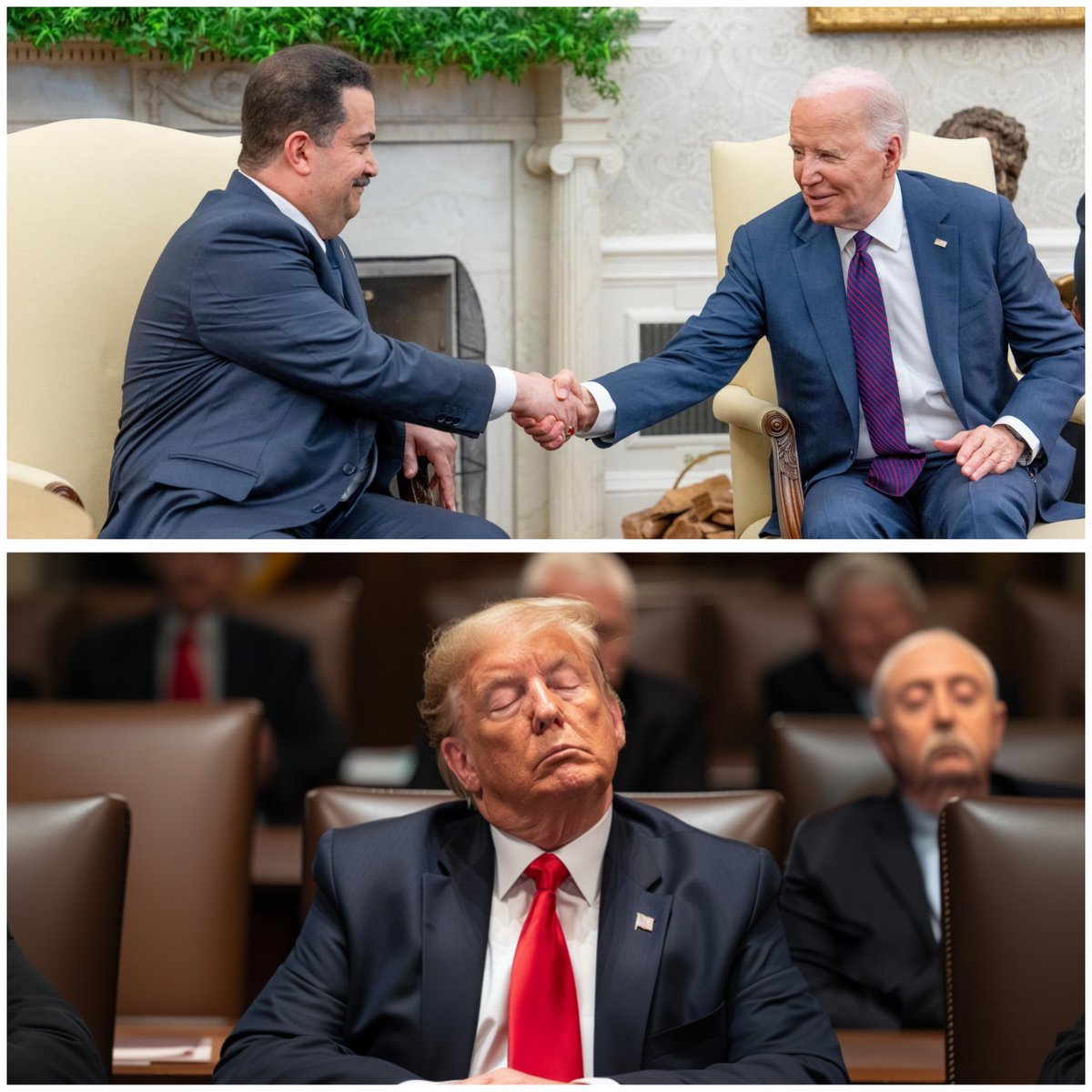 📸 What a contrast! While President Biden was practicing diplomacy with the prime ministers of Iraq and the Czech Republic today, Donald Trump was dozing off at this hush-money porn trial. Amazing. #SleepyDon
