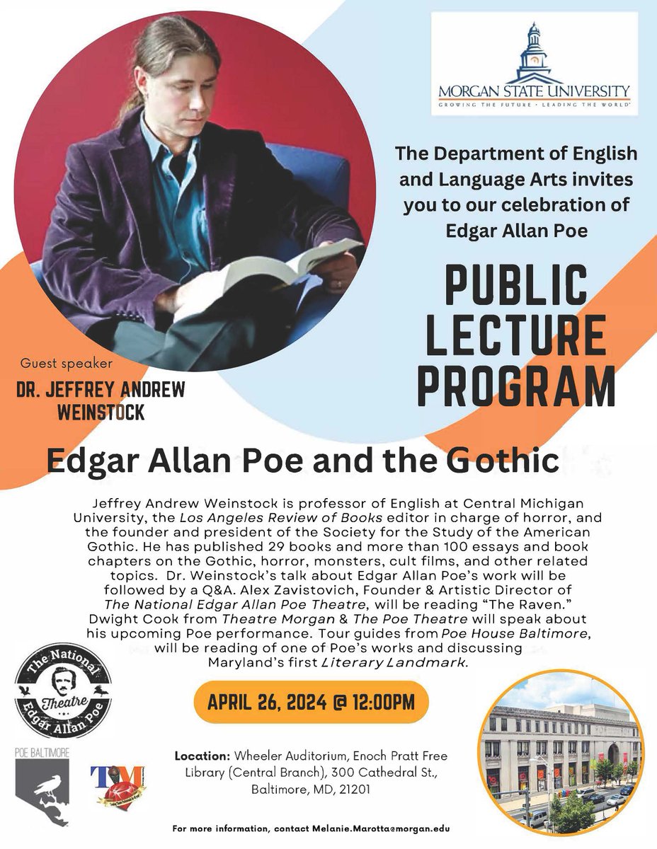 Next week! If in Baltimore on April 26 @ noon, I organized an in-person event @prattlibrary for Edgar Allan Poe year. @Morgan_DeptENGL has a wonderful line up of guests including keynote #JeffreyWeinstock to talk about Poe. @alexzavistovich @poe_theatre @PoeBaltimore #gothic