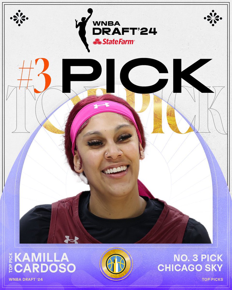 NÚMERO 3 DO DRAFT! 🏀🇧🇷 Kamilla Cardoso foi selecionada pelo Chicago Sky na terceira escolha do draft da WNBA. Bicampeã da NCAA e MVP do Final Four 2024, a brasileira chega à melhor liga do mundo para ser protagonista. Toda sorte do mundo pra nossa estrela! ⭐️