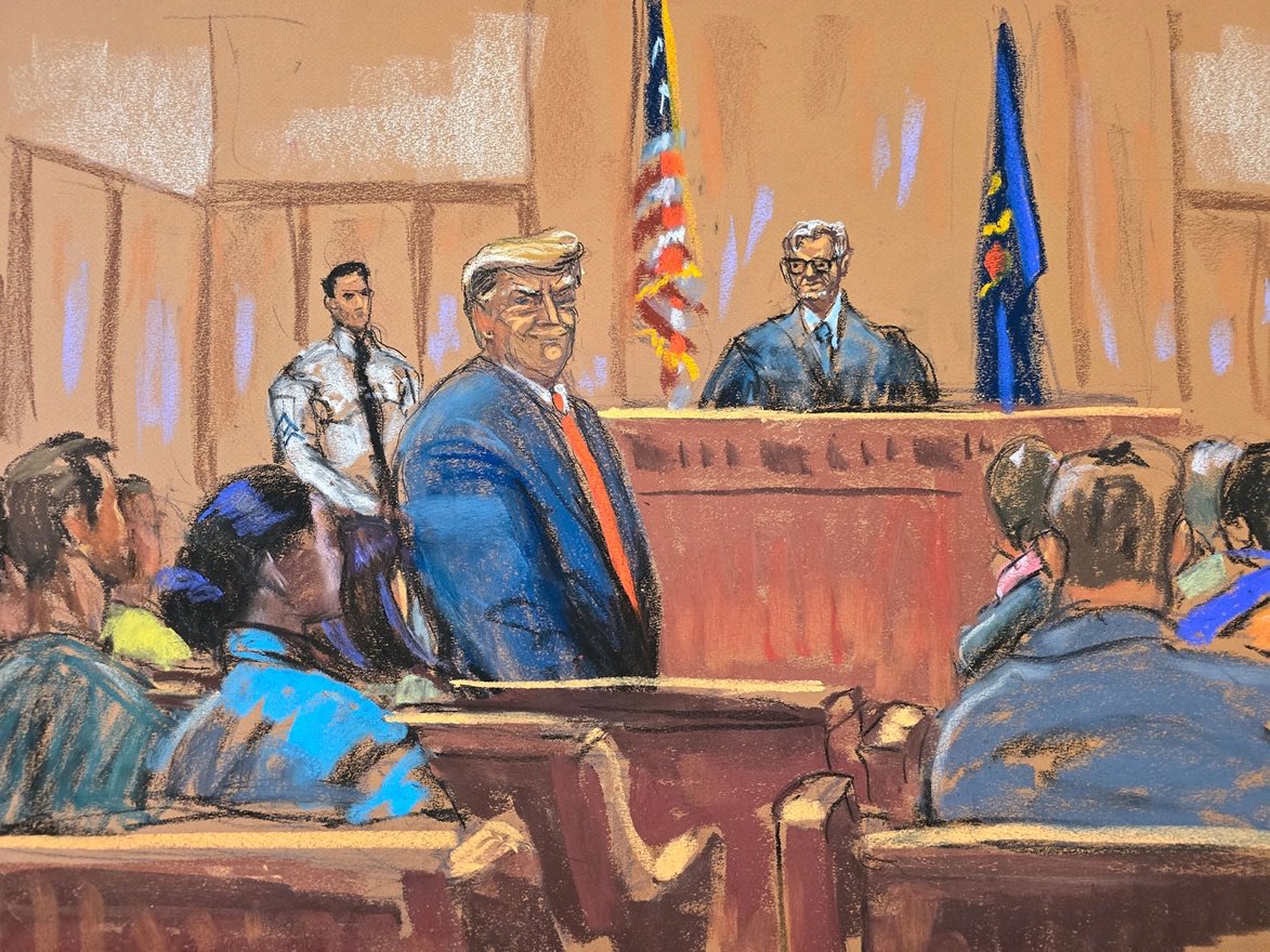 A sketch of Donald Trump in court today for jury selection at his criminal trial.