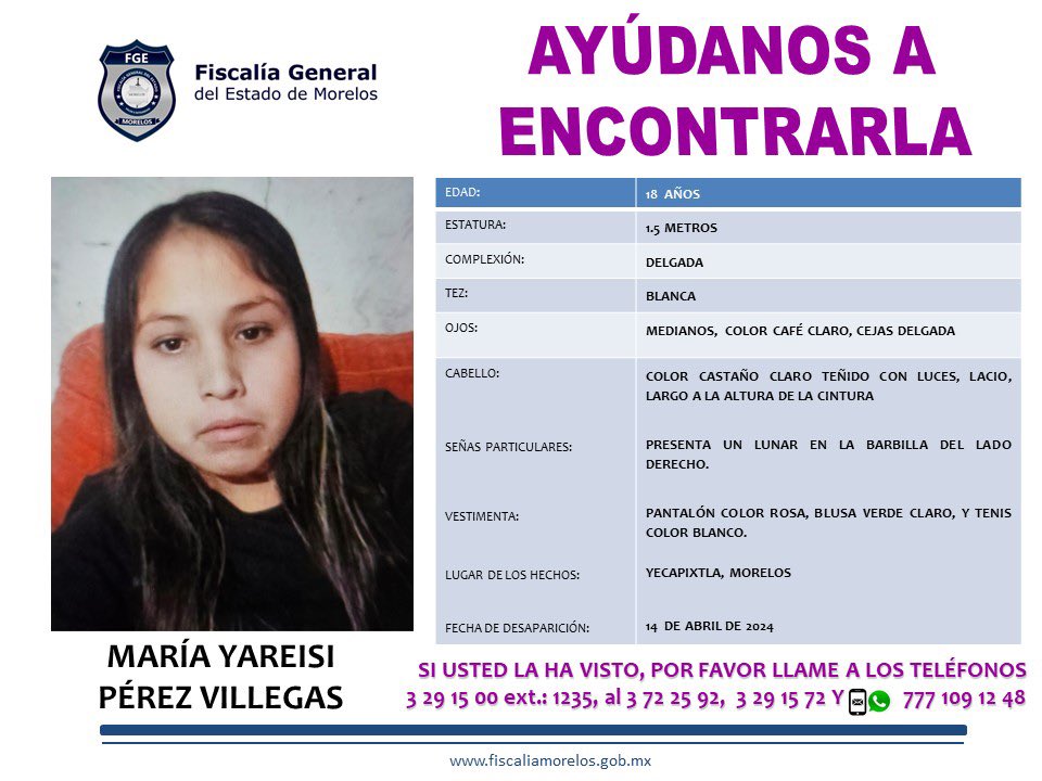 Se solicita de su colaboración para localizar a MARÍA YAREISI PÉREZ VILLEGAS de 18 años de edad.