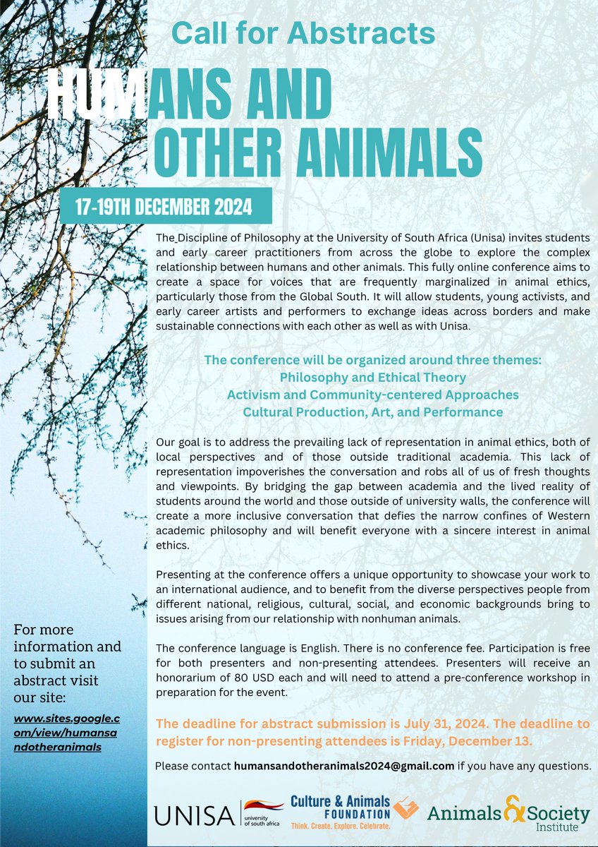 International #AnimalEthics conference for students/early career practitioners! December 17-19, 2024. Supported by a generous grant from @cultureanimals & @asi_org. Abstracts of 150 to 250 words must be submitted by July 31. More information: sites.google.com/view/humansand…. Please RT.