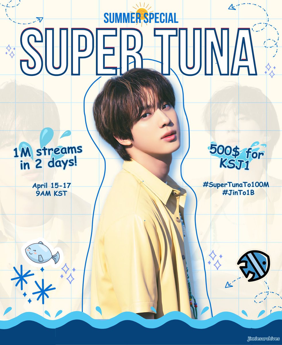 ☀️ A summer special fundraising streaming to celebrate 100M of Super Tuna and to push 1B for Jin will now start! 🔒 Spotify: tinyurl.com/1BProjectD221 🎶 Spotify: bit.ly/3JjGiLH 📺 Youtube: bit.ly/3VZ8rz6 🍎 AM: bit.ly/3JktwNa #TheAstronaut  #Jin…