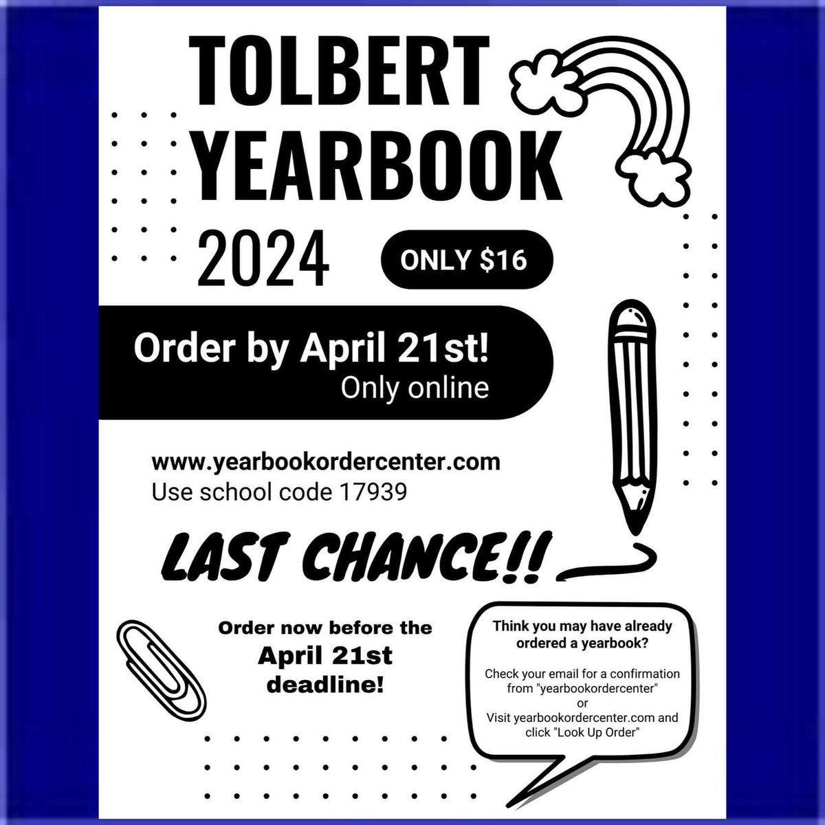 Yearbook orders close April 21st. Get yours now! This is your chance to get your hands on those @Tolbert_ES memories where we are always #BetterTogether yearbookordercenter.com school code 17939 Cost $16