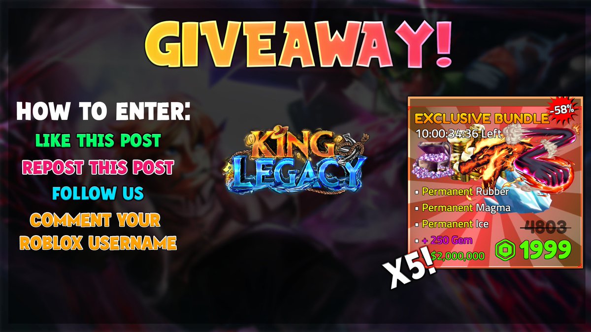 King Legacy (@playkinglegacy) on Twitter photo In honor of Update 6, and getting 50k followers on Twitter, we are giving...
π± ππ«πππ¨π¦ππ©π ππ¨π‘ππππ¦ ππΌ π± ππ¨πππ¬ π£ππ’π£ππ
The requirements to enter this giveaway can be found in the image below! Good luck! π₯
The giveaway ends in 5 days! In honor of Update 6, and getting 50k followers on Twitter, we are giving...
π± ππ«πππ¨π¦ππ©π ππ¨π‘ππππ¦ ππΌ π± ππ¨πππ¬ π£ππ’π£ππ
The requirements to enter this giveaway can be found in the image below! Good luck! π₯
The giveaway ends in 5 days!
