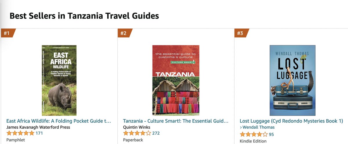 Hahaha! After Left Coast Crime, LOST LUGGAGE is back to the #3 Best Seller in Tanzanian Travel Guides. It peaked at #1 in 2017. This just continues to crack me up. #travelfiction #endangeredspecies #crimefiction