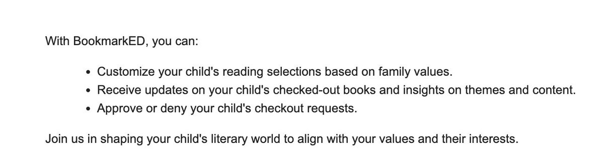 Evidently Llano Tx parents are receiving this from BookMarkED. We have lots of questions. Like - can't your library software do this already? Also, how can parental approval of a child's 'checkout request' happen in real time while a child is standing at the checkout desk?