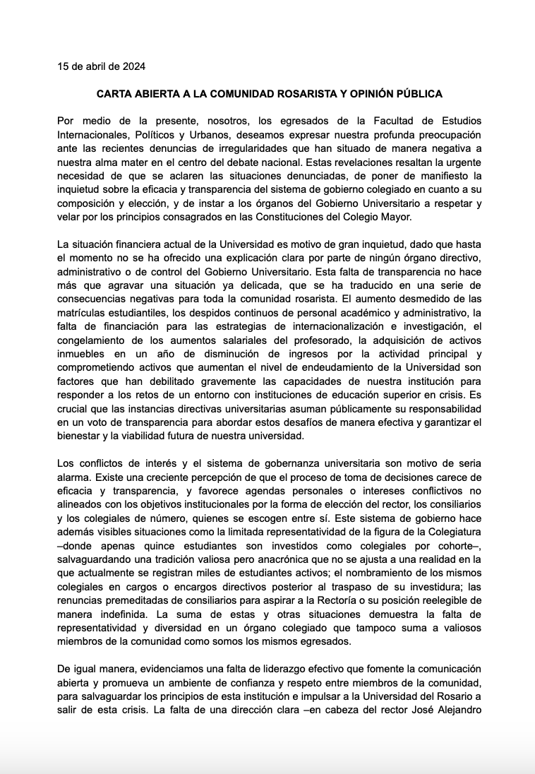 SLondono00's tweet photo. 218 egresados de @PoliticaUR nos pronunciamos ante las denuncias de irregularidades por parte de las directivas de @URosario.

Acompañamos a nuestros compañeros del @consejo_cpgdu y solicitamos que @alejandrocheyne  se aparte de su cargo mientras se realizan las investigaciones👇🏾 https://t.co/gx0267SGTA