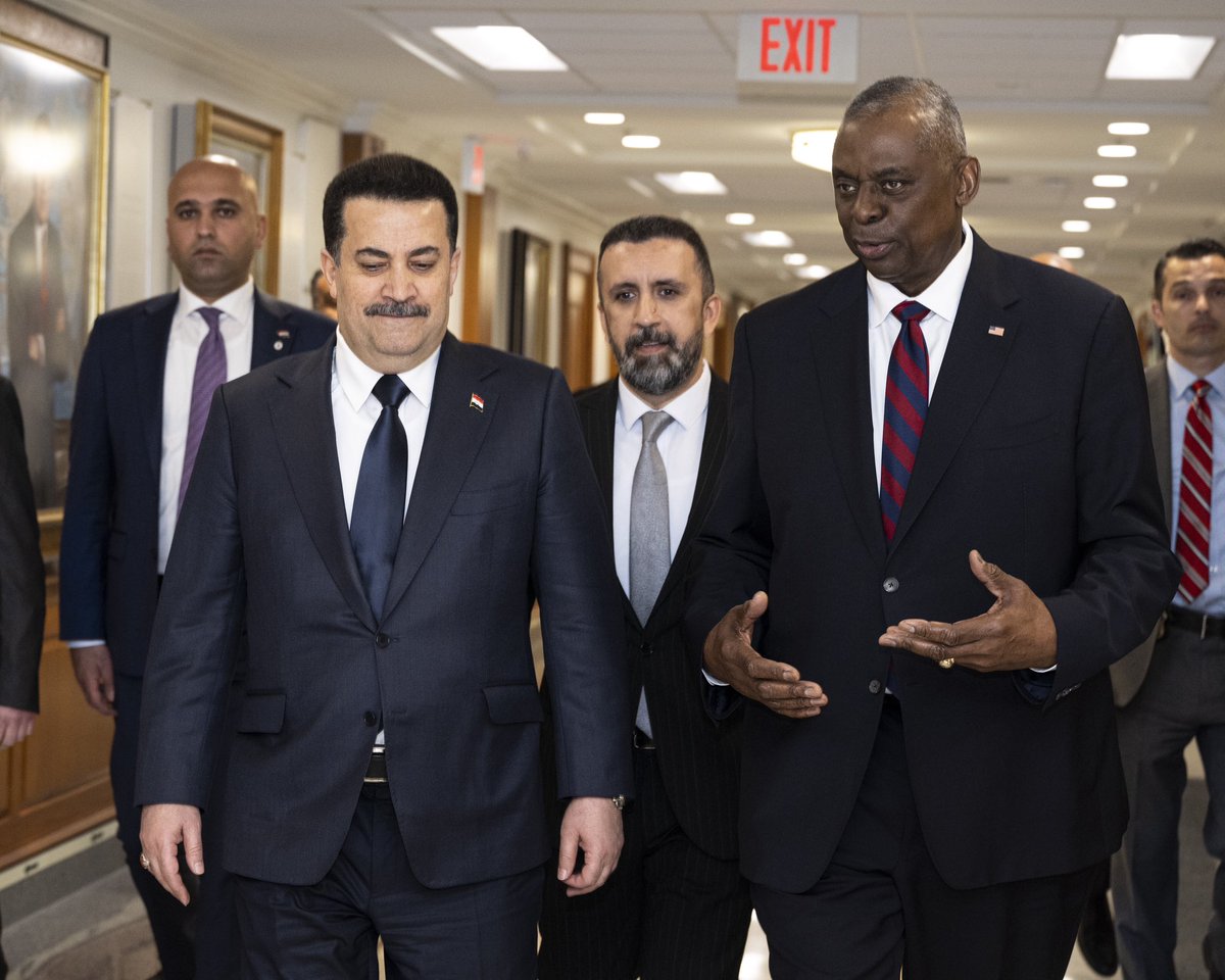 SecDefAustin's tweet photo. Today I welcomed Prime Minister Sudani to the Pentagon for the first time.  The U.S.-Iraq relationship is strong. Our two nations remain committed to working together towards a peaceful and stable region.  
Iraq continues to lead the fight against ISIS, working closely with the U.S. and Coalition partners.  I'm proud to have been a part of that fight.  Today, Prime Minister Sudani and I spoke about our efforts to address the persistent security threats to our two nations. In this context, we acknowledged the meeting of the U.S.-Iraq Higher Military Commission (HMC) Principals Day last week to discuss the transition of the @CJTFOIR mission to enduring bilateral security partnerships between Iraq and the United States and other countries of the Global Coalition to Defeat ISIS.

https://t.co/GFcZbuqytr