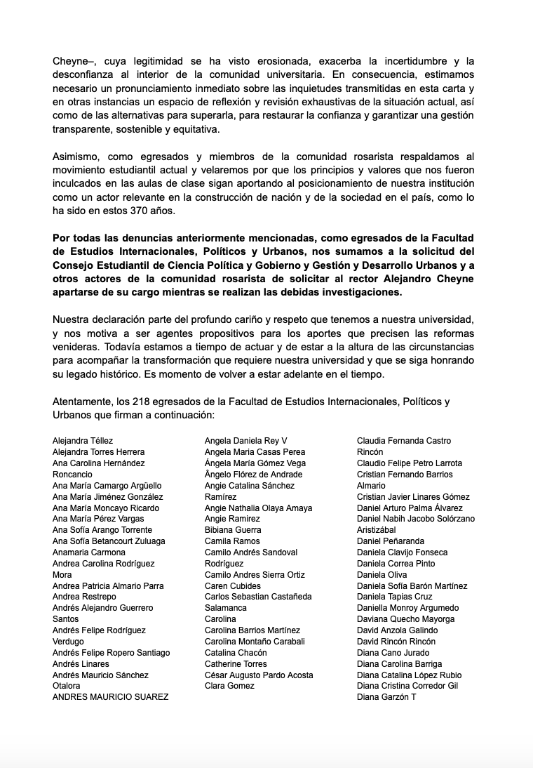 SLondono00's tweet photo. 218 egresados de @PoliticaUR nos pronunciamos ante las denuncias de irregularidades por parte de las directivas de @URosario.

Acompañamos a nuestros compañeros del @consejo_cpgdu y solicitamos que @alejandrocheyne  se aparte de su cargo mientras se realizan las investigaciones👇🏾 https://t.co/gx0267SGTA