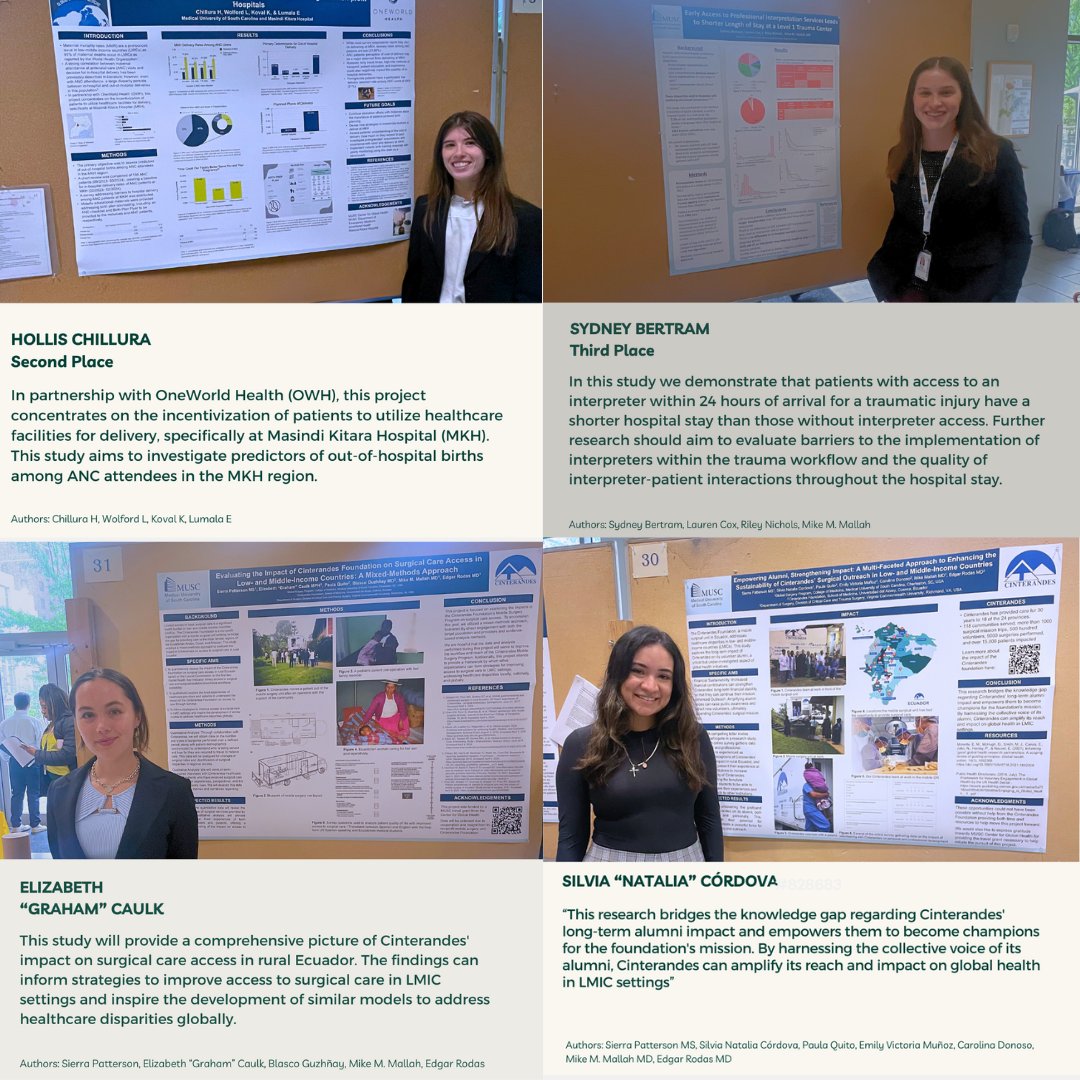 So proud of all our members who presented at the @MUSC_CGH last week, showcasing our work partnered with @MUSC_CGH last week some of our work partnered with @OneWorldHealth and @CINTERANDES 📷. Special Shout to Hollis and Sydney for earning 2nd and 3rd at the poster competition!