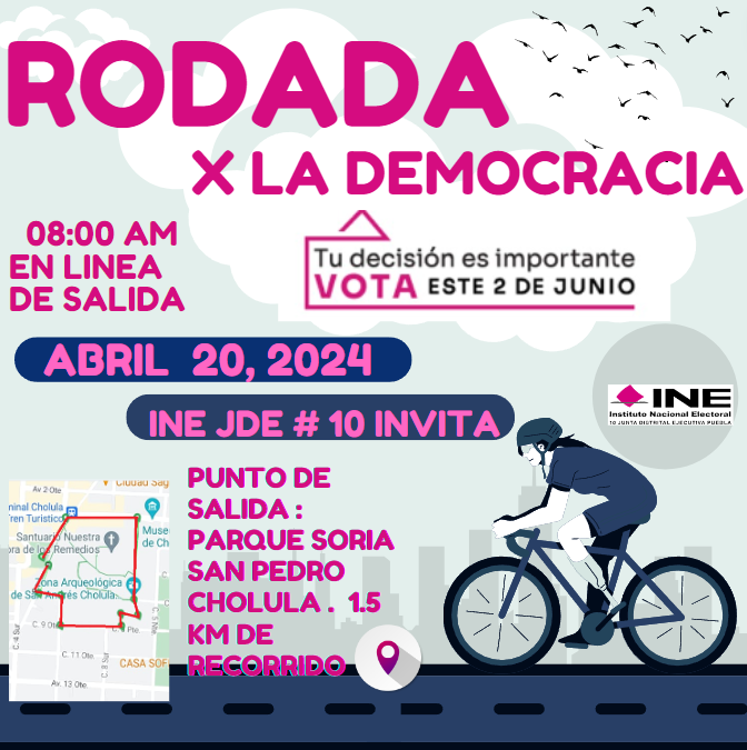 10_jde's tweet photo. 📢10 Junta Distrital Ejecutiva Puebla y 10JDE Vocalia de Capacitacion Electoral y Educacion Civica.Tienen el gusto de invitarlos a la 📊🗳🗳"RODADA POR LA DEMOCRACIA"🗳🗳📊. Que se llevara a cabo el próximo 2️⃣0️⃣-0️⃣4️⃣-2️⃣4️⃣ sábado 20 de abril. Arrancamos en punto de las 8:00 am. https://t.co/LAkqHUydP4