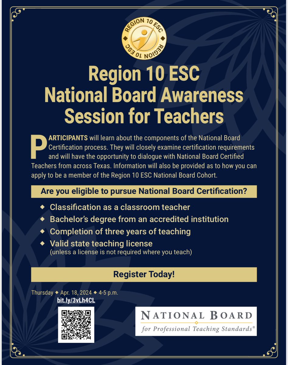 R10 is currently accepting applications for our 24-25 R10 National Board Cohort! Join us for our upcoming Teacher Awareness session to learn more about the great benefits of becoming an NBCT! txr10.escworks.net/catalog/sessio…