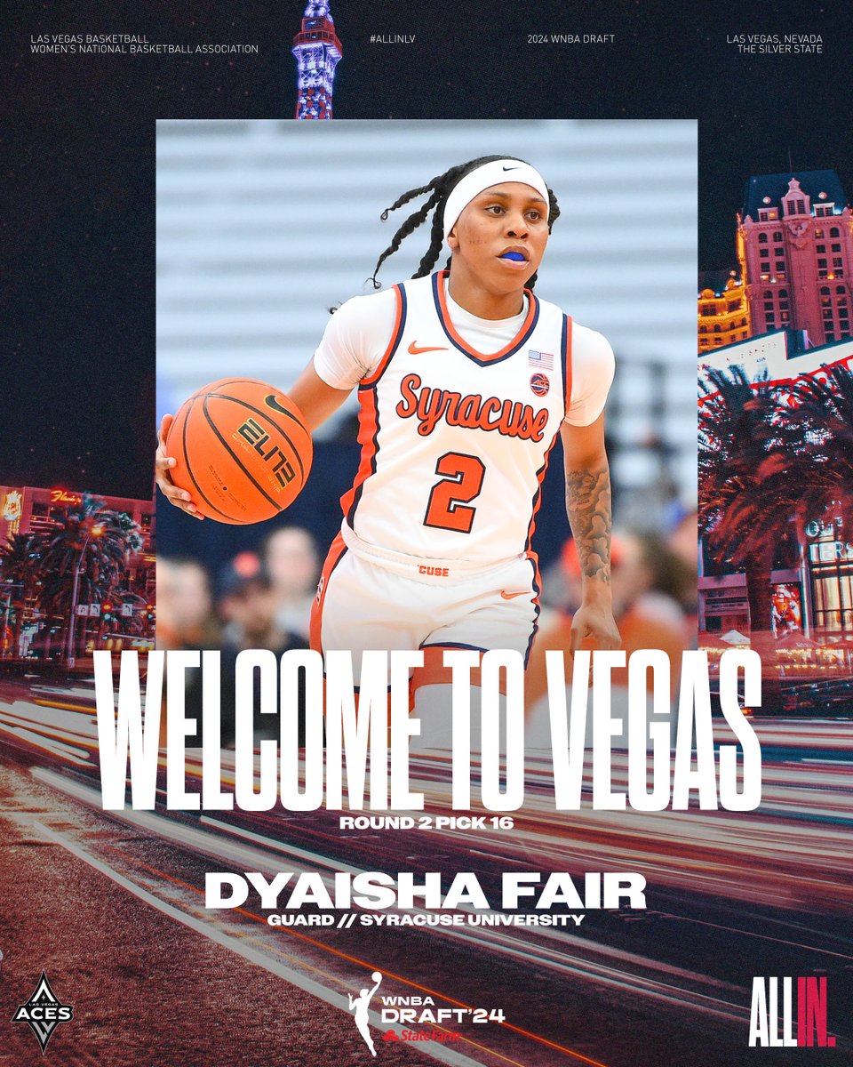 𝐀 𝐖𝐀𝐋𝐊𝐈𝐍𝐆 𝐁𝐔𝐂𝐊𝐄𝐓 😮‍💨 With the 16th pick in the 2024 #WNBADraft, the Las Vegas Aces select @DyaishaFair from @CuseWBB! #ALLINLV