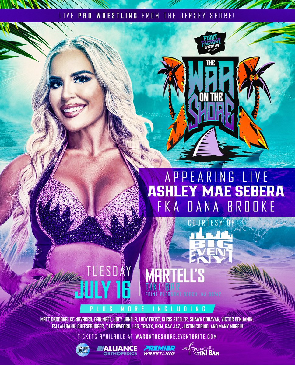 In conjunction with our friends at @bigeventny , tonight we announce that joining us at #TheWarOnTheShore at Tiki Bar is none other than @Ashamae_Sebera !! Ashley will be on the beach signing autographs and taking pictures with our fans!! Welcome to Fight Factory Wrestling!