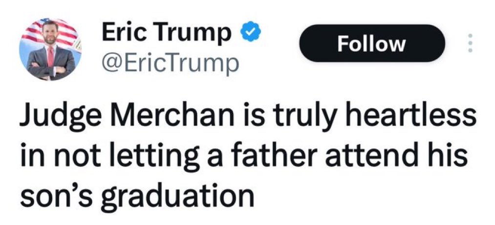 What’s truly heartless is when your daddy didn’t even try to attend your OWN high school graduation... (Nor attend Don Jr, Tiffany, or Ivanka’s HS graduations).