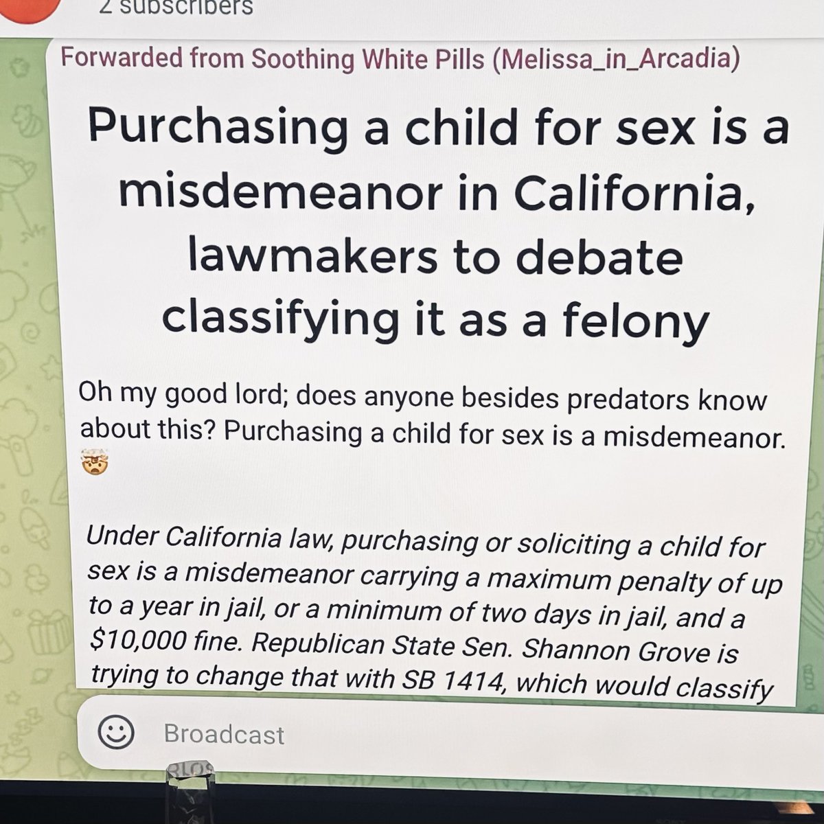 People CALIFORNIA IS ONE SICK STATE. I WOULD MOVE FROM THERE AS FAST AS POSSIBLE. EVEN IF I HAD TO BECOME HOMELESS. I WOULDN’T BELIEVE IT IF I DIDNT LOOK UP SB 1414 to make it a Felony.