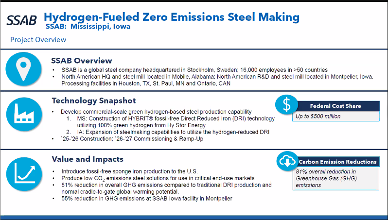 Listening in to the <a href="/ENERGY/">U.S. Department of Energy</a> webinar about industrial demonstration project awards. <a href="/SSAB_AB/">SSAB</a> announcing that its total planned investment for its fossil free iron and steel facility is $3.5M, so DOE cost share is ~14%. Expected to be the first fossil free sponge iron in the US!