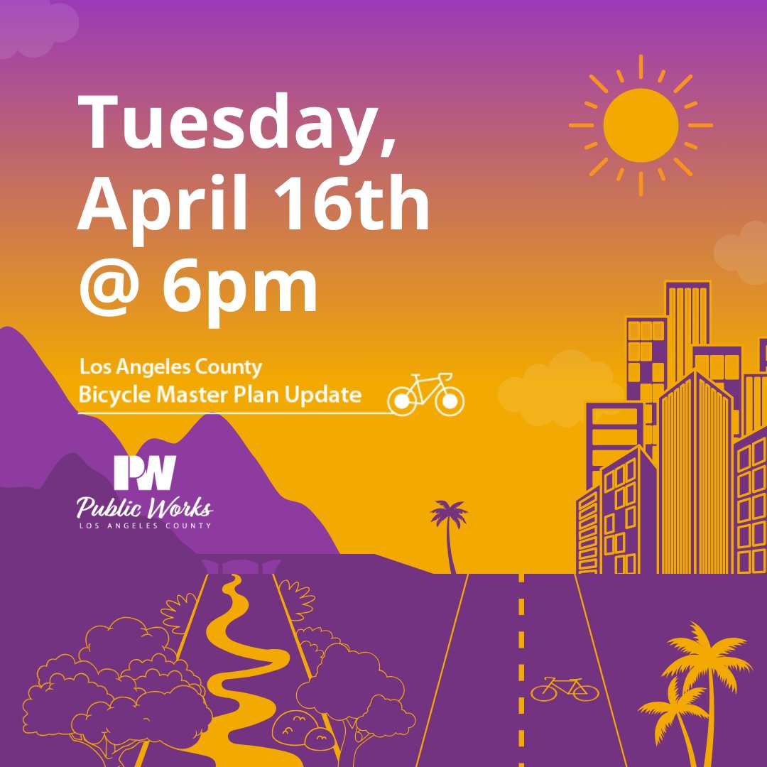 The LA County Bicycle Master Plan is happening now! Help us rank bike improvements and programs for future implementation by joining our virtual community meeting TOMORROW Tue, 4/16 @ 6 pm 📱 Visit bit.ly/LACBMP_Registe… to register 🚲