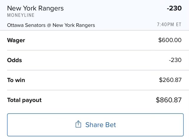 Bet $600 on the Rangers to win tonight...Let's go Rangers!

#NoQuitInNY #NYR
