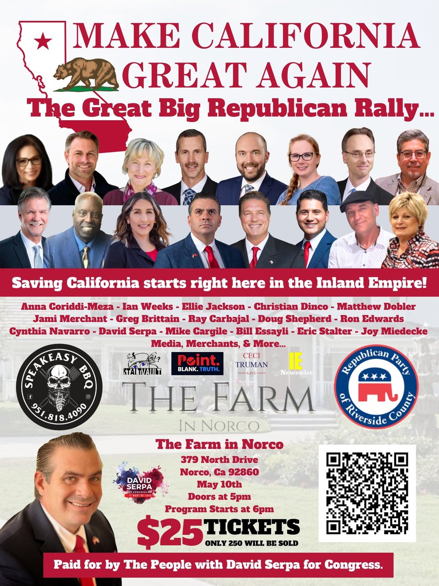Do you want to Make California Great Again? 

Want to go to a great, big Republican Rally in California? We have an incredible lineup of speakers for you! 

#MAGA #MCGA #Republican #GOP #Riverside #RIVCO #InlandEmpire #Norco #Corona