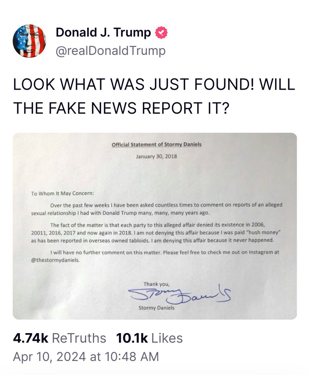 @GracieNunyabiz @83percenter @ArchKennedy Well, lookie here, Stormy had written a letter saying the affair never even happened between she and Donald. “I am not denying this affair because I was paid 'hush money' as has been reported in overseas owned tabloids. I am denying this affair because it never happened.”