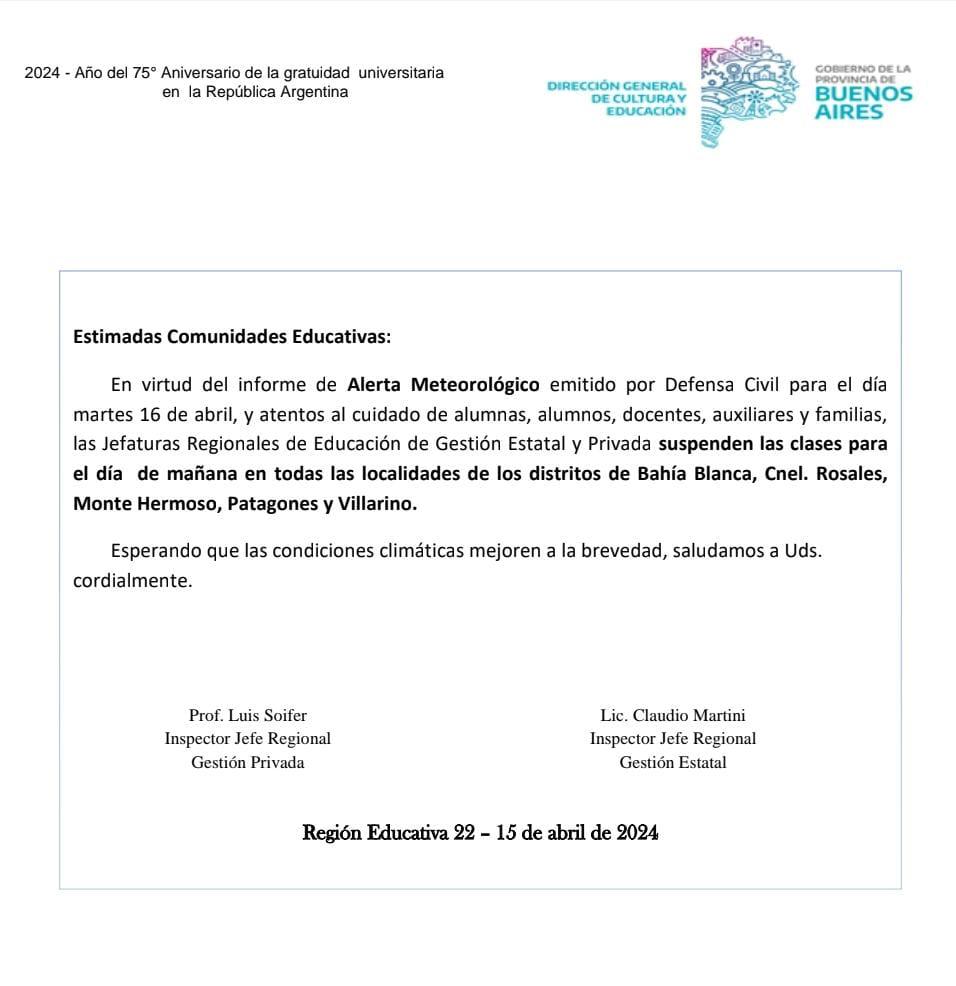Mañana sin clases en Bahía Blanca y la región producto de las condiciones climáticas. <a href="/somos_bahia/">Somos Bahia</a>