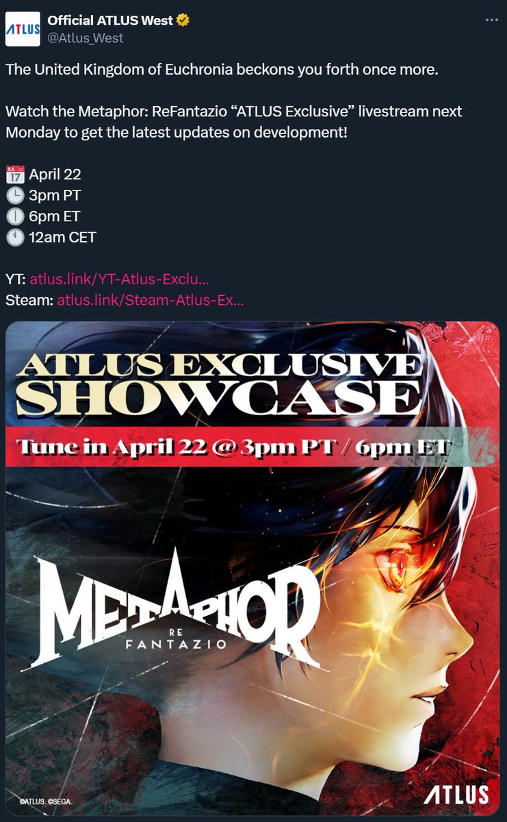 Atlus has announced a new livestream presentaion for Metaphor ReFantazio on Monday April 22 at 3 PM PT / 6 PM ET. I'll be live reacting to the show myself on the channel for sure! This game is 100% launching in later this year. Super excited 🔥