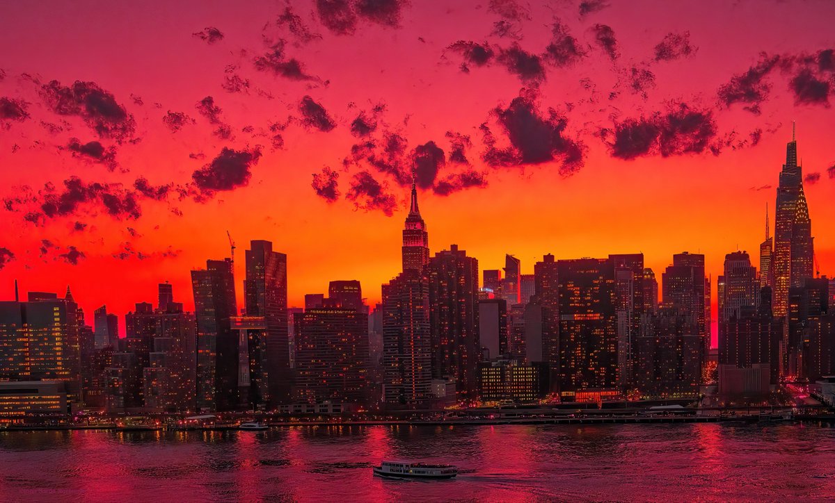 The #NYC skyline shimmers in tonight’s beautiful pink & golden #sunset glow. #NewYork #NewYorkCity