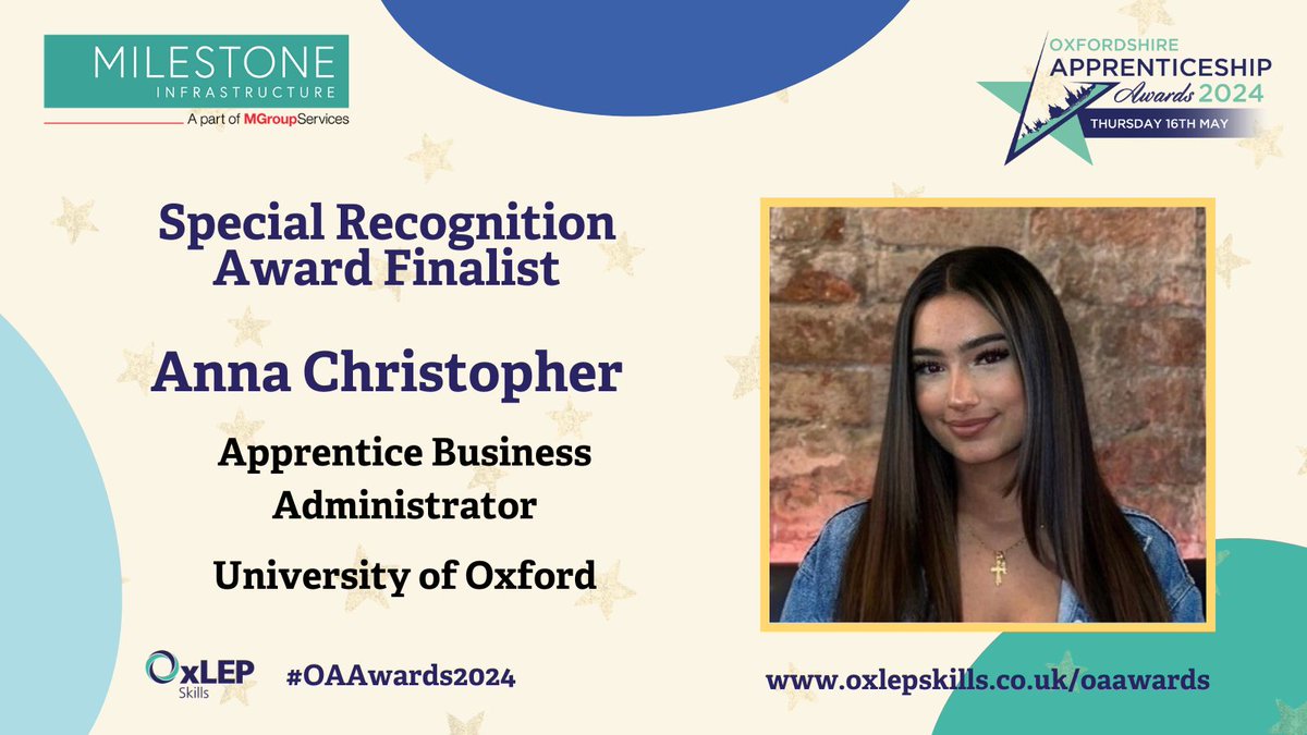 🌟 Congratulations Anna Christopher, Apprentice Business Administrator at <a href="/UniofOxford/">University of Oxford</a> <a href="/OxUniApprentice/">Apprenticeships</a>, training with <a href="/AbWitCollege/">Abingdon & Witney College</a> - finalist in the #Oxfordshire #Apprenticeship Awards 2024 @Milestone_Infra Special Recognition Award! #OAAwards2024 #OAHour