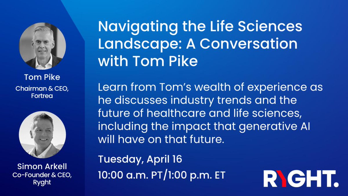 Join us for our upcoming LinkedIn Live event: 'Navigating the Life Sciences Landscape: A Conversation with Tom Pike' 📅Tuesday, April 16 🕒10:00am PT/1:00pm ET Register here: hubs.lu/Q02sZ9kC0 #Ryght #LifeSciences #GenerativeAI #ClinicalResearch