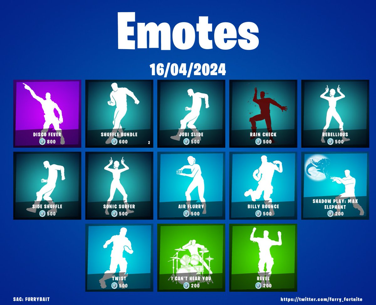 Here's the furry cosmetics, their accesories and the emotes that are available today on the Item shop! 

Use code FURRYBAIT in the Item Shop to support us! 
#EpicPartner #FurryFortnite