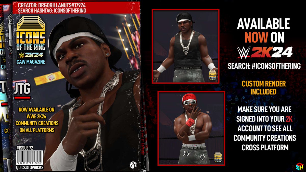 Pick up your copy of #WWE2K24 Icons of the Ring magazine featuring JTG of Cryme Tyme. Available now! Creator: @DrGorillaNuts Moves: @HarvAddy Render: @DW_federation Magazine Cover: @QuickStopHicks Search: #IconsOfTheRing