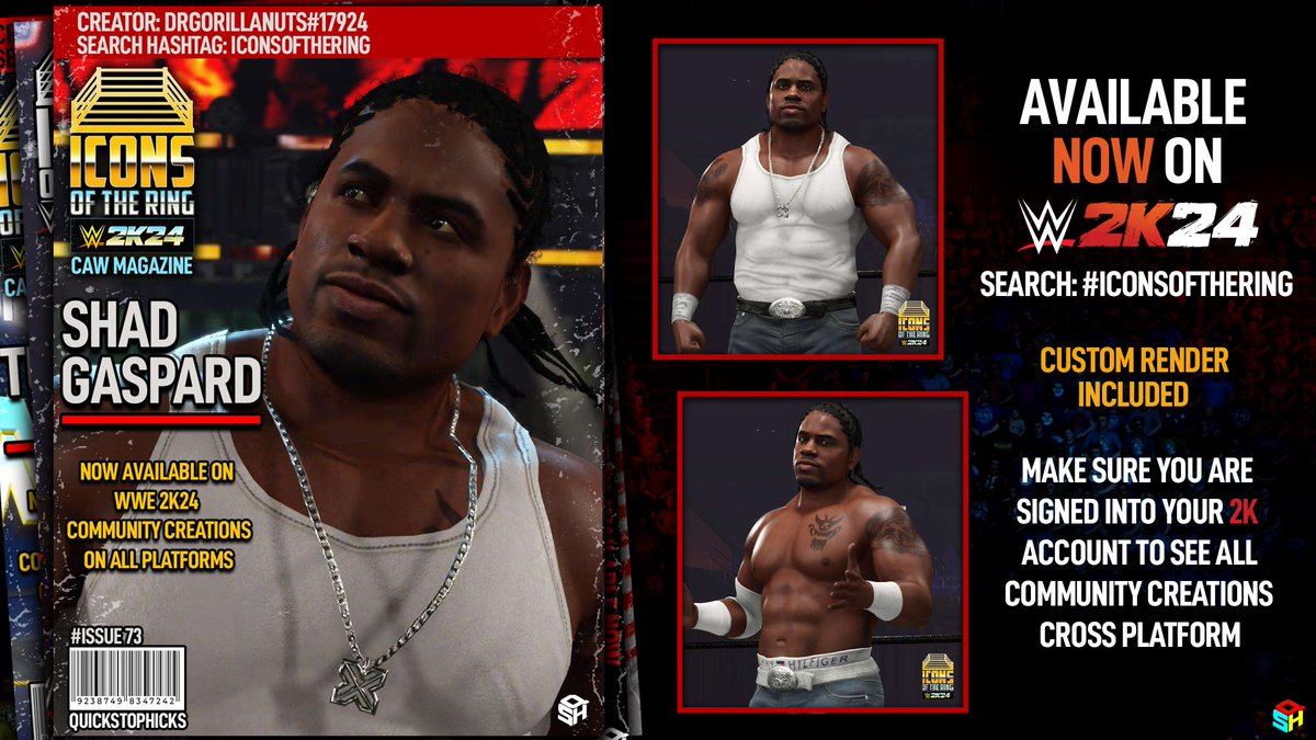 Pick up your copy of #WWE2K24 Icons of the Ring magazine featuring Shad Gaspard of Cryme Tyme. Available now! Creator: @DrGorillaNuts Moves: @HarvAddy Render: @DW_federation Magazine Cover: @QuickStopHicks Search: #IconsOfTheRing