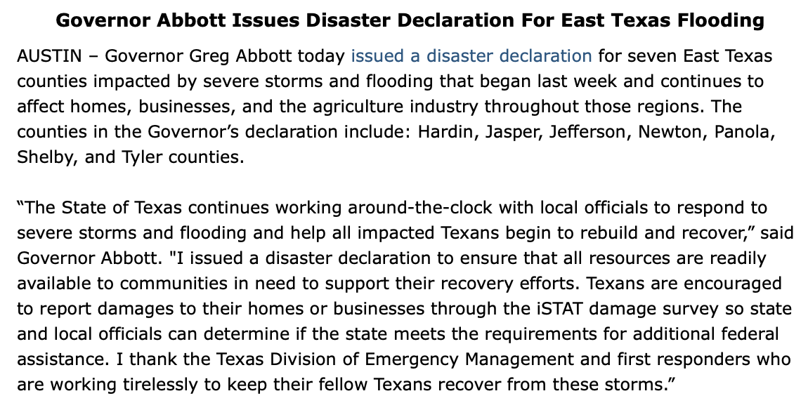 GovAbbottPress's tweet photo. Issuing a disaster declaration for 7 East Texas counties that have been impacted by recent severe storms.

Report damage via iSTAT at https://t.co/ksFis40n8Z.

Texas continues to provide all available resources to help Texans rebuild and recover.

More: https://t.co/TgFqe7Gwkd https://t.co/s4zv8IqrwC