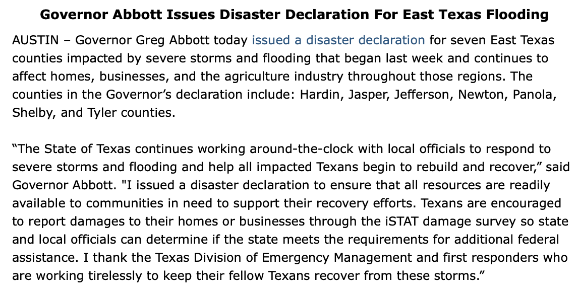 Issuing a disaster declaration for 7 East Texas counties that have been impacted by recent severe storms. Report damage via iSTAT at damage.tdem.texas.gov. Texas continues to provide all available resources to help Texans rebuild and recover. More: bit.ly/3UiebCN