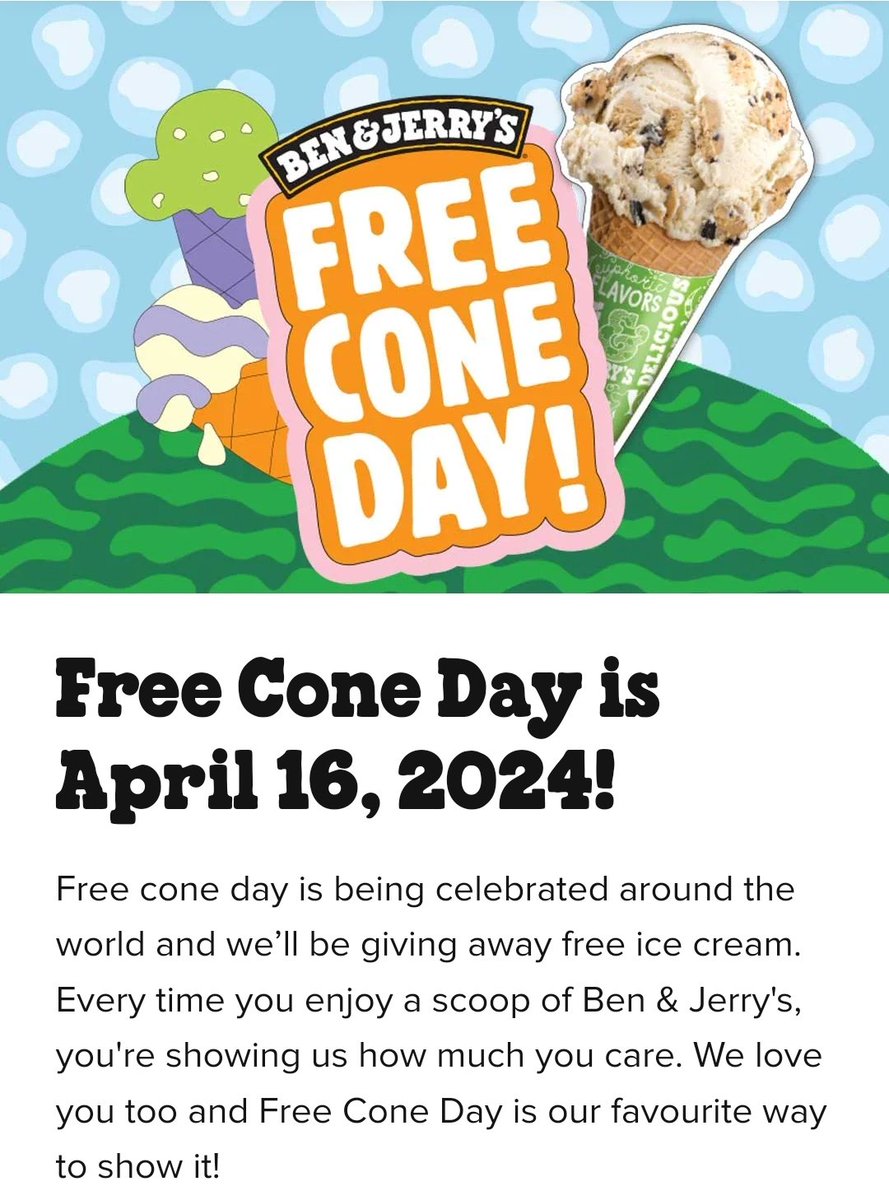 本日4月16日 12PM-8PM
Free Cone Day
Ben & Jerry'sの対象店舗でアイスクリームが無料でもらえるよ🥰
対象店舗は以下のURLのFind your local Scoop Shopから検索！
benandjerry.com.au/scoop-shops/fr…
