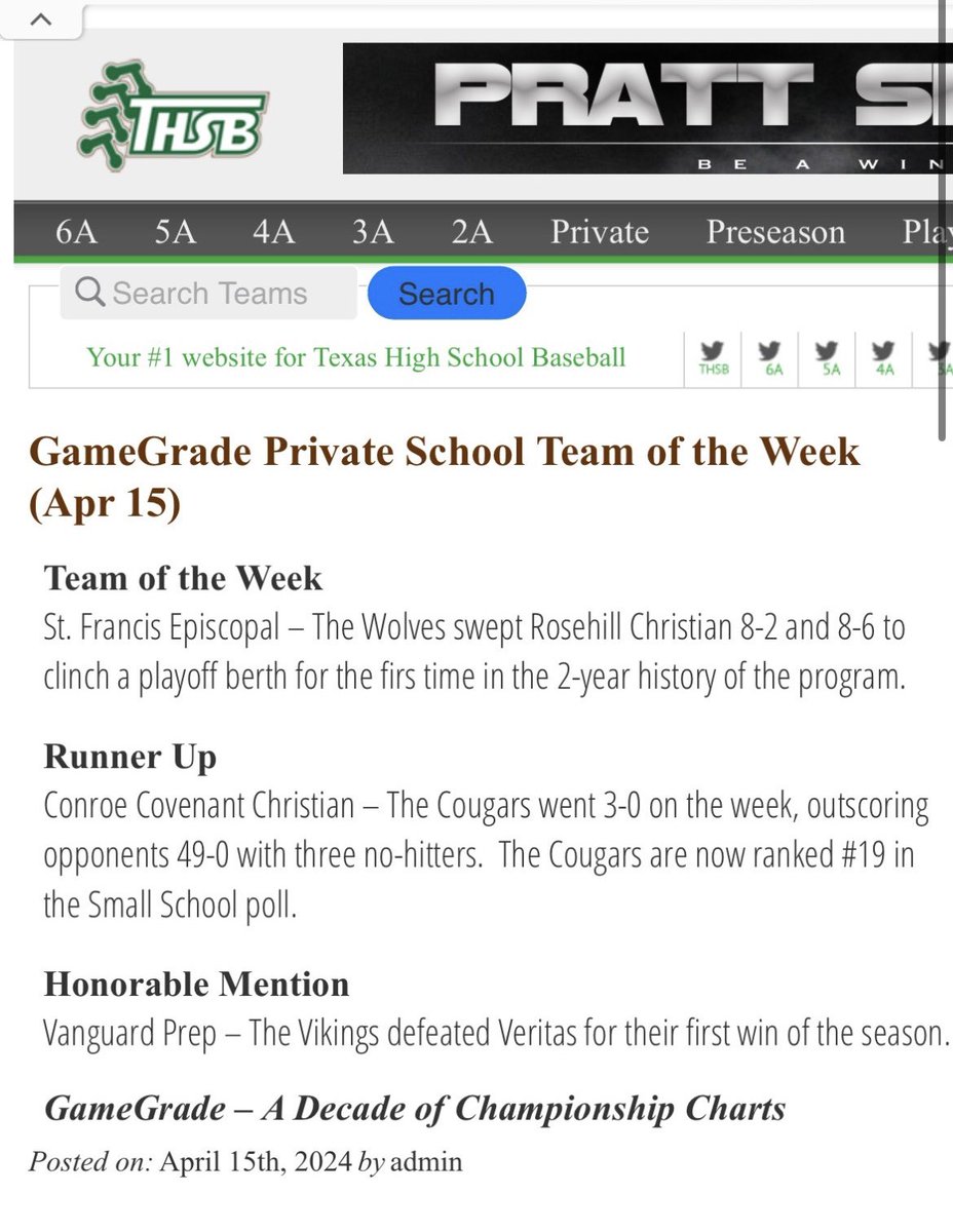 @TxHS_Baseball named Varsity Baseball the Private School Team of the Week! 
#SFEbaseball #GoWolves