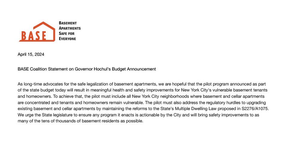 Our statement on the basement and cellar pilot program included in Governor Hochul's budget announcement today: